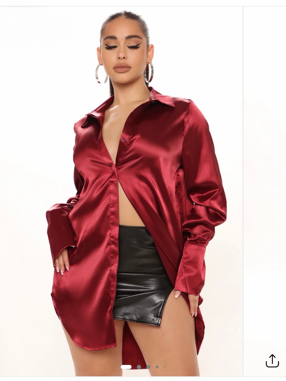 Fashion Nova Satin Button-Down Shirt Dress in Wine